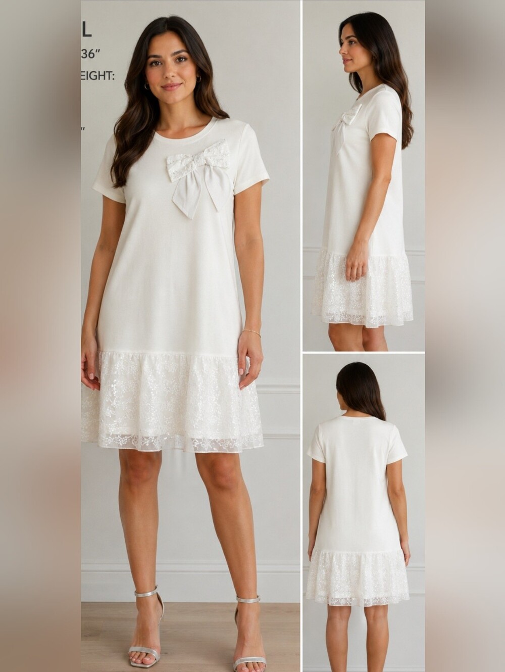 White Sequin Bow Short Sleeve Dress. European. Size L. Like New.